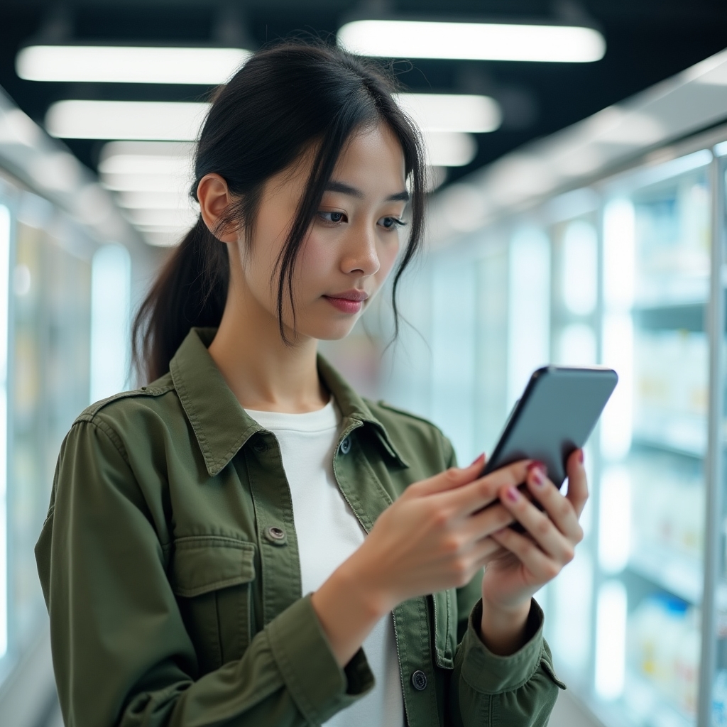 A shopper standing in a grocery aisle checking a phone before deciding on a product