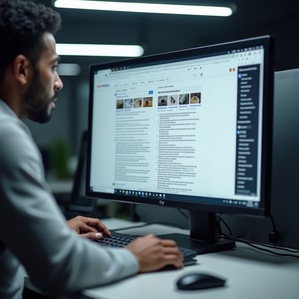 Desktop monitor displaying a search results page being reviewed by a researcher