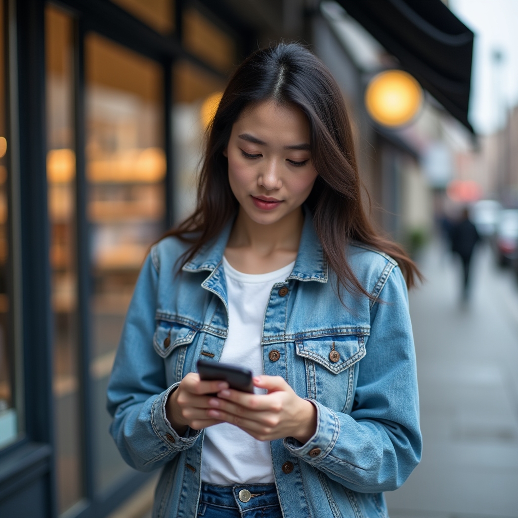 A person typing a specific store name into a phone search bar while walking outdoors