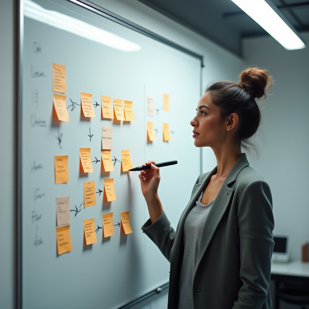 A person planning a site migration checklist on a whiteboard covered with sticky notes at a desk