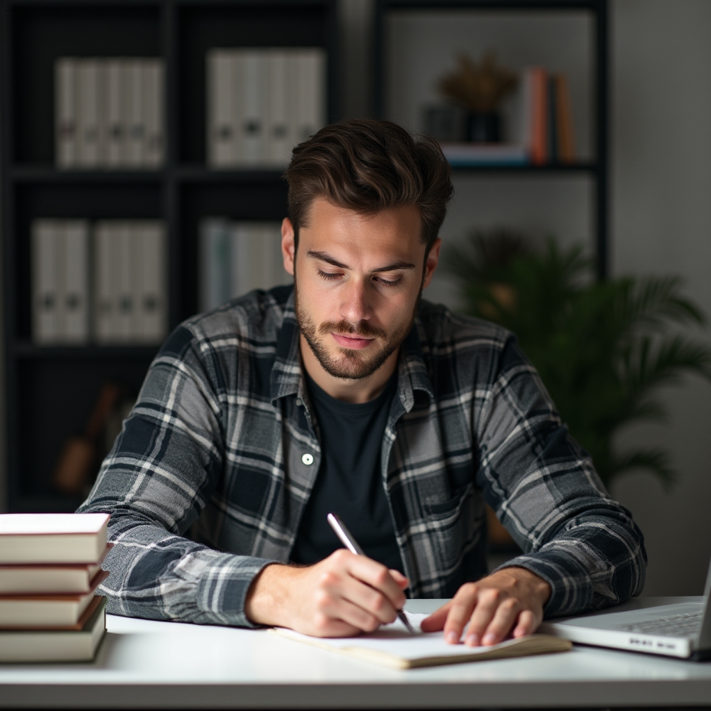 A person writing independently at a desk with reference books and a plain notebook, no branded materials in view